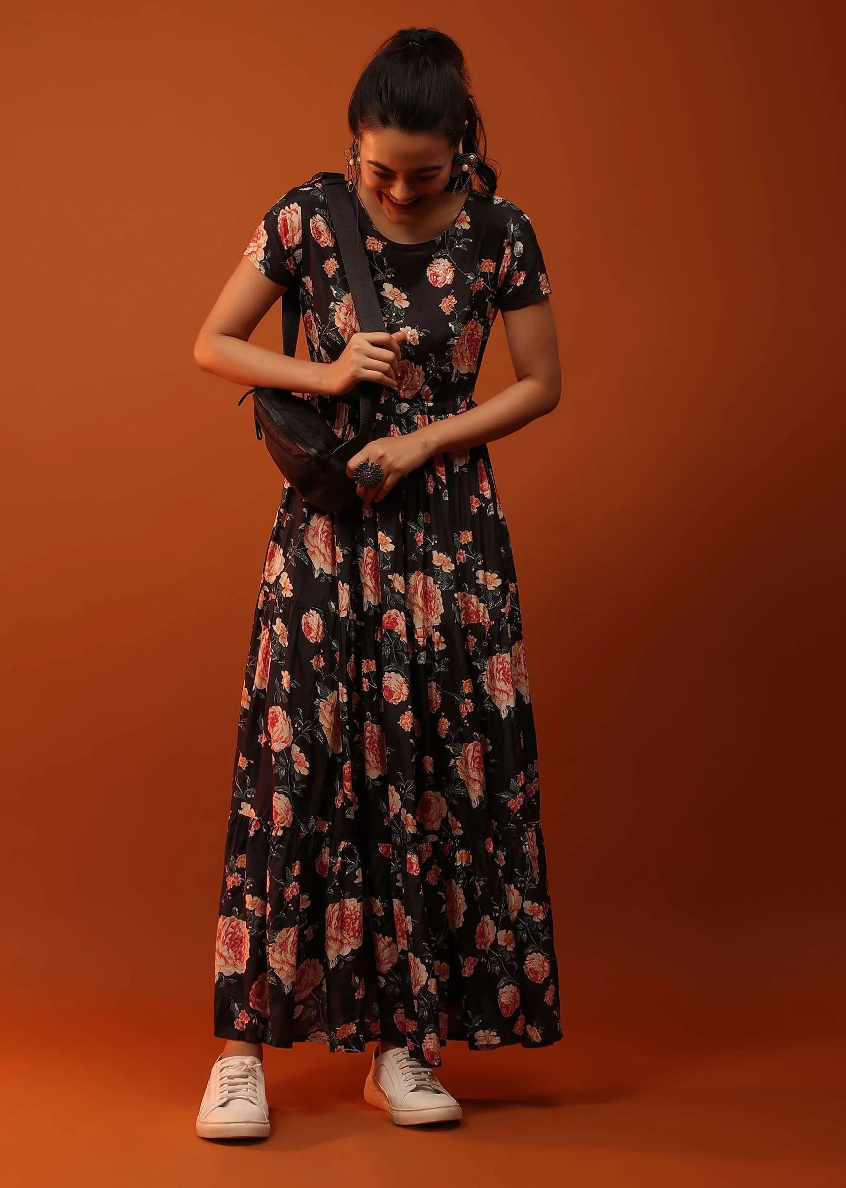 Black Dress With Frills And Floral Prints