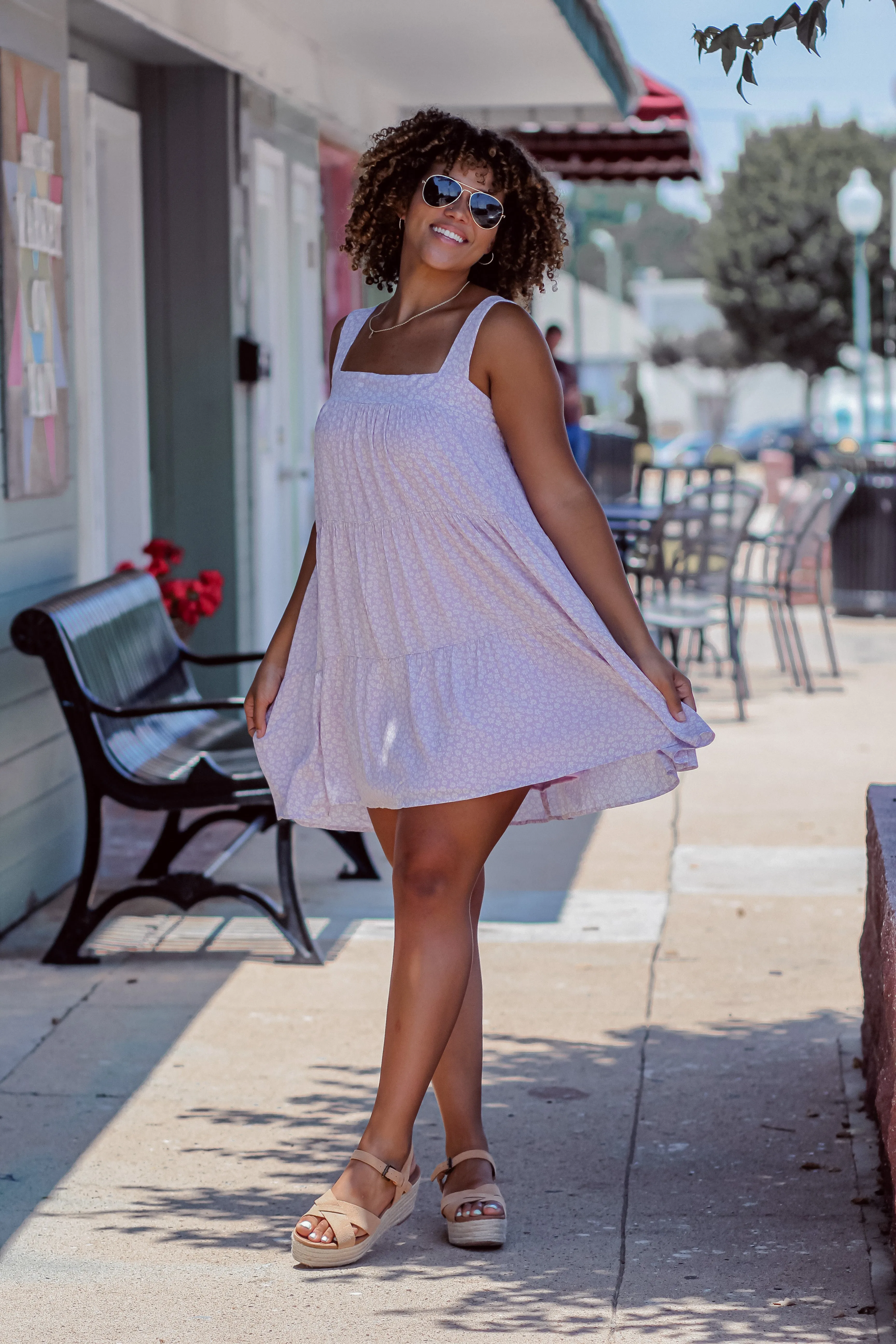 Lilac Ditsy Floral Tiered Mini Dress