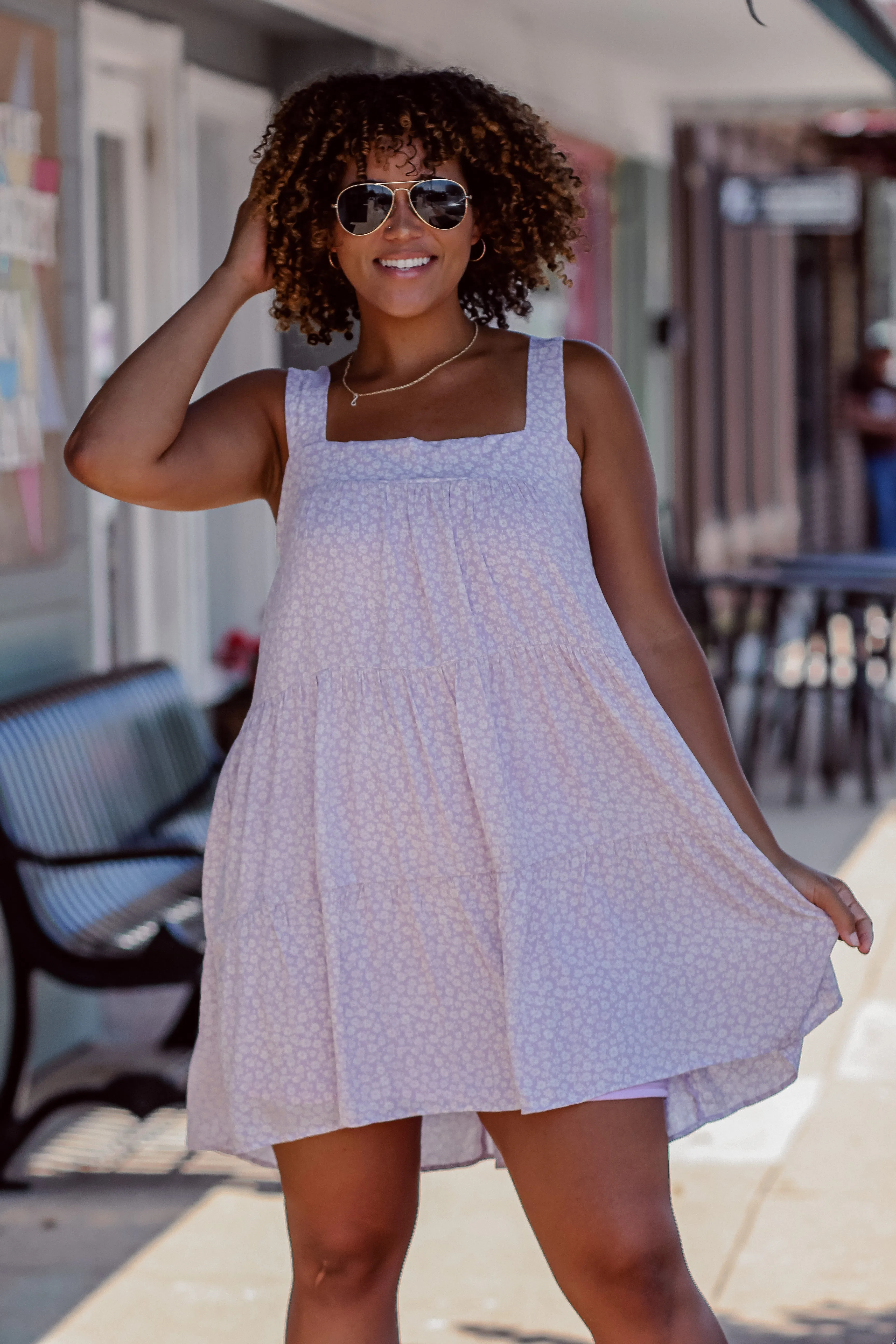 Lilac Ditsy Floral Tiered Mini Dress