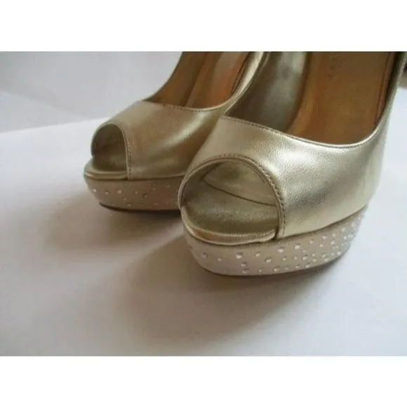 Mariah Carey Gold Champagne Rhinestone Embellished Peep Toe Stiletto Pumps