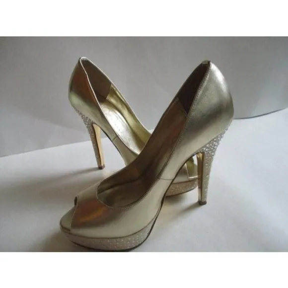 Mariah Carey Gold Champagne Rhinestone Embellished Peep Toe Stiletto Pumps