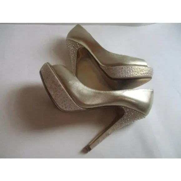 Mariah Carey Gold Champagne Rhinestone Embellished Peep Toe Stiletto Pumps