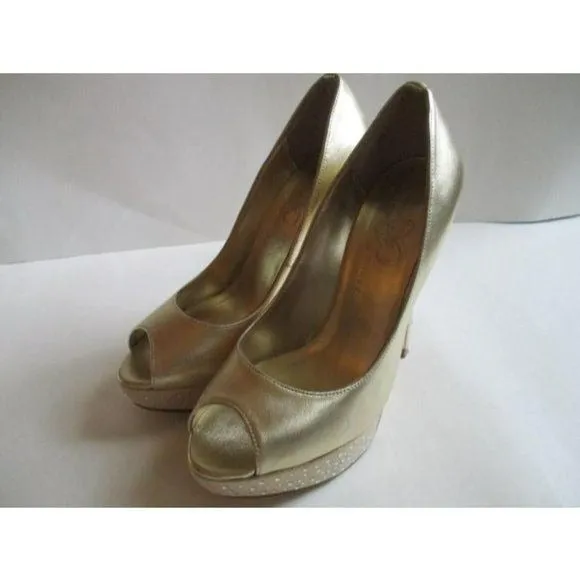Mariah Carey Gold Champagne Rhinestone Embellished Peep Toe Stiletto Pumps