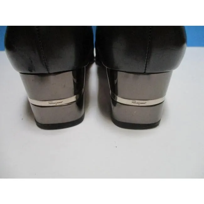 Salvatore Ferragamo Pewter Gray Gunstock Square Almond Toe Low Pumps Size Us