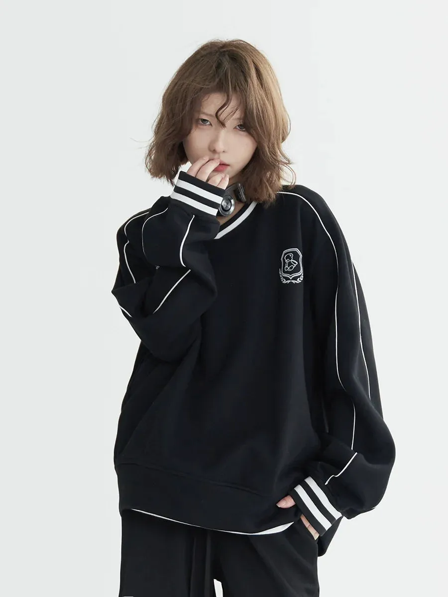 V-Neck Casual Top Flocked Loose Sporty