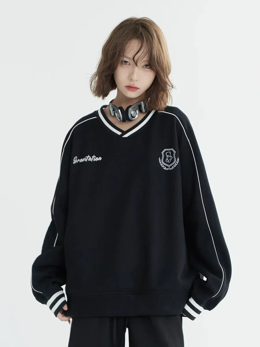 V-Neck Casual Top Flocked Loose Sporty