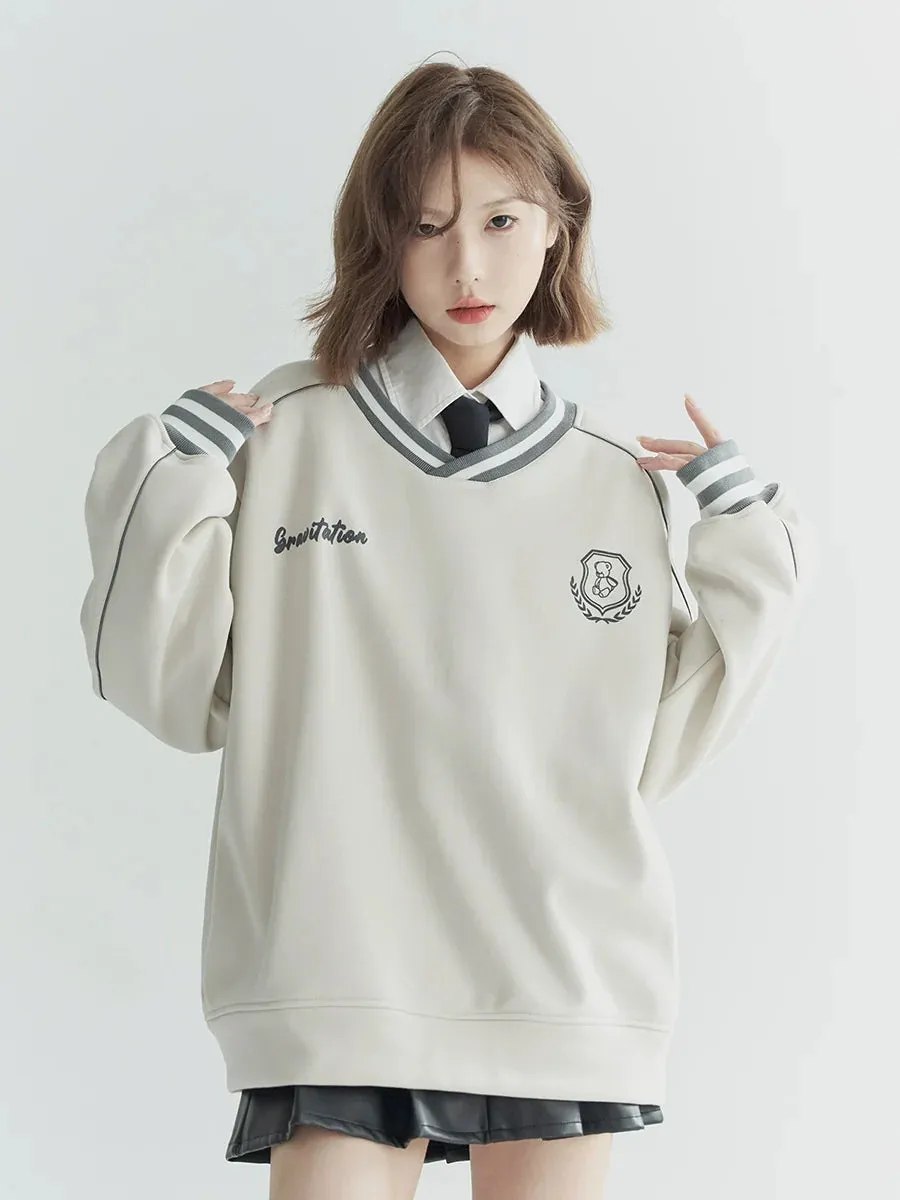 V-Neck Casual Top Flocked Loose Sporty